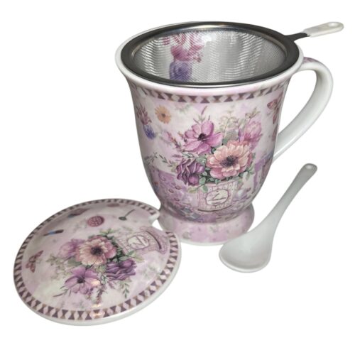 Taza con infusor de té diseños elegantes con cuchara y tapa Lavender